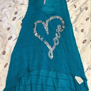 Teal Sleeveless Top with Silver Sequin Heart
